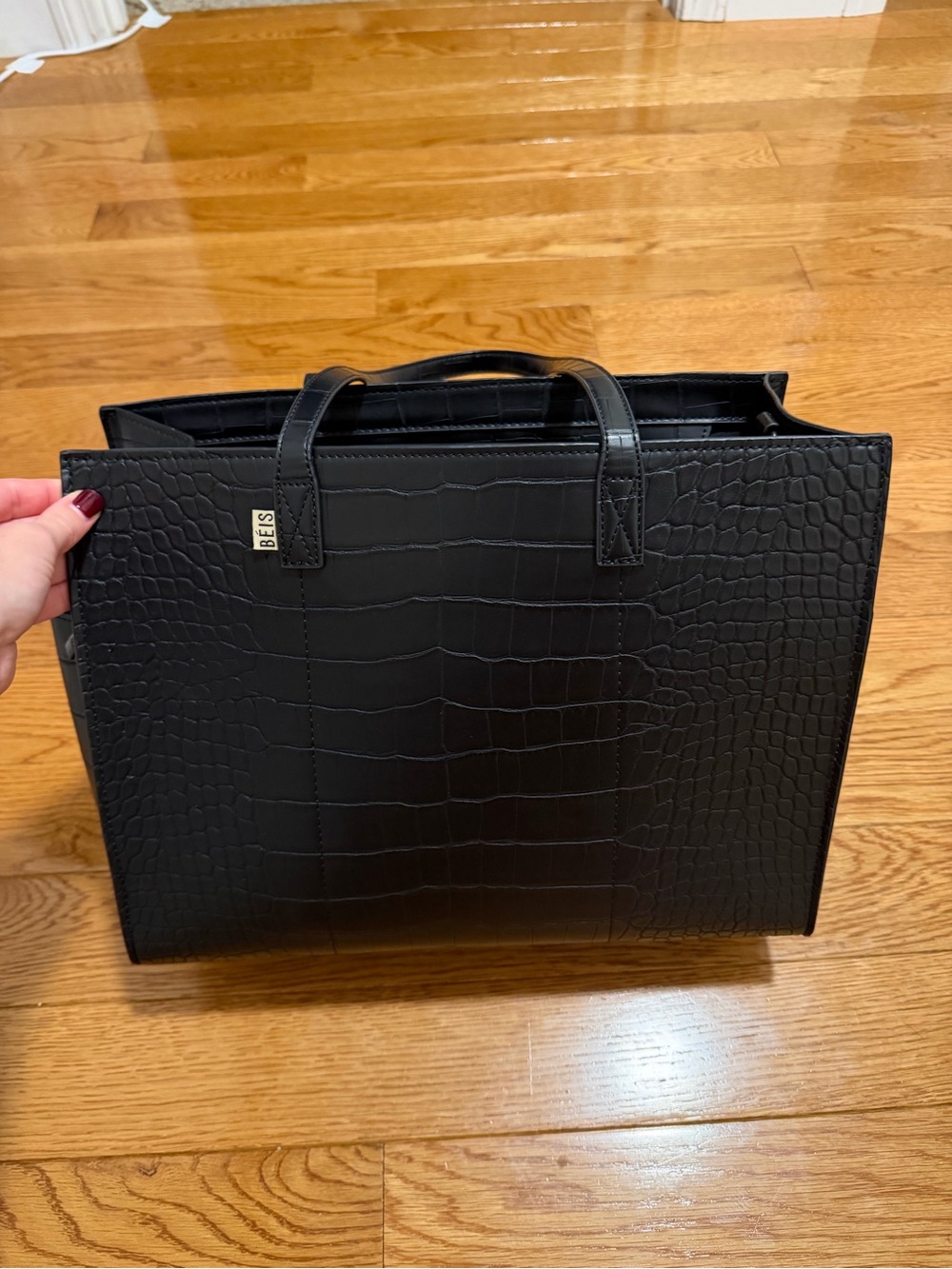 BEIS Black Croc-Embossed Structured Tote